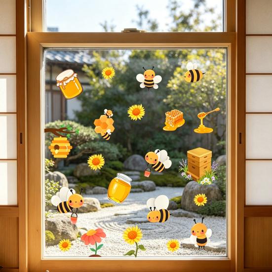 Spring Summer Bee Window Clings Honey Bee Static Glass Stickers Sunflower Honeypot Bee Removable Decals for Home Party Shop Glass Decor