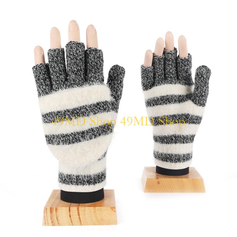 49MD Knitted Fingerless Gloves Winter Striped Gloves Cartoon Mitten with Top
