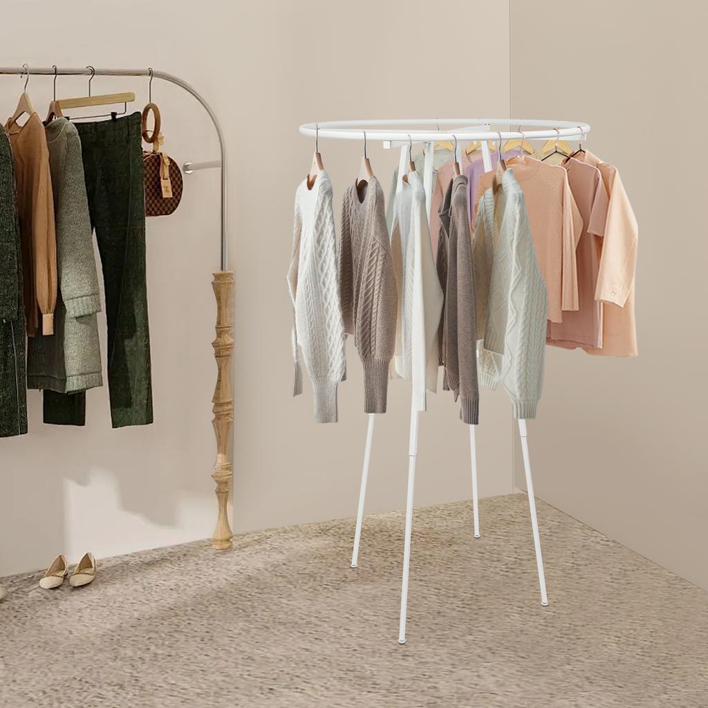 360-Degree Rotating Garment Rack, White Steel Round Display Rack for Clothing & Apparel, Adjustable Height 4 to 6 Feet for Store