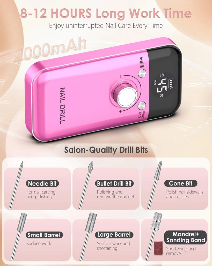 Portable Nail Drill Professional: 45000 RPM Rechargeable Electric Nail Drills Machine with 6 Bits, Drill Para Uñas Profesional E