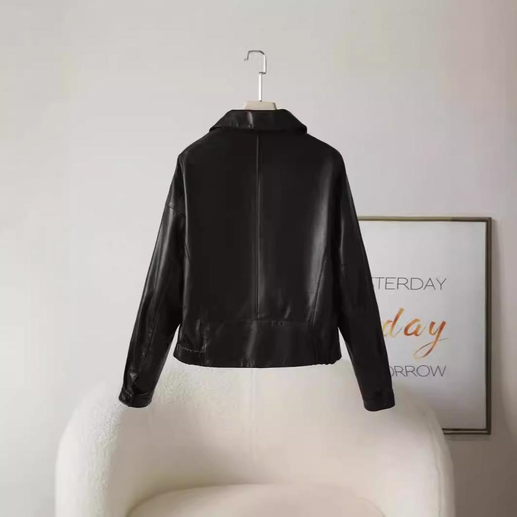 Leather Leather Jacket Women's Sheepskin Jacket Short Square Neck Loose Casual Motorcycle Leather Jacket