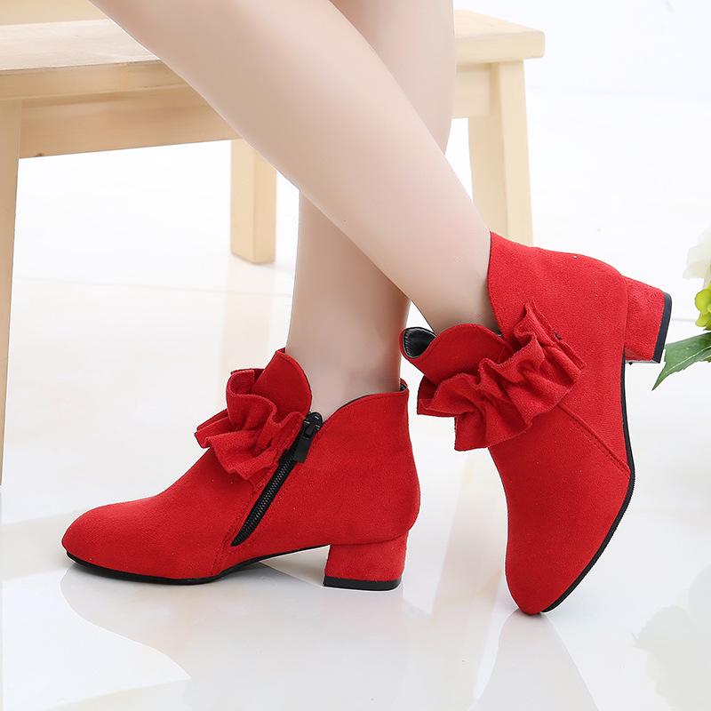 Girls' High Heel Princess Boots - Autumn Winter 2025 Fleece-Lined Short Boots for Kids