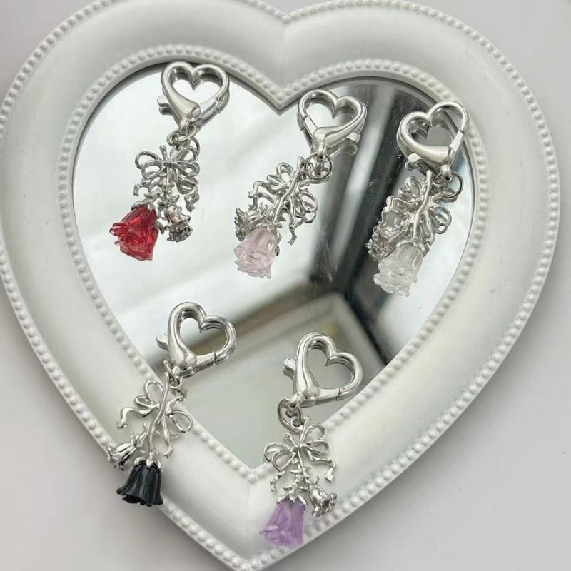 Practical Bowknot Rose Flower Keychain Portable Rose Bowknot Charm Keyring Adornment for Personalizing Phones and Bags