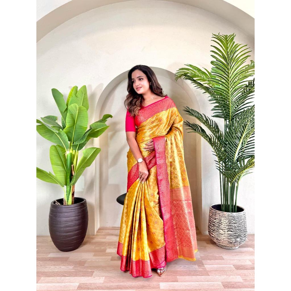 Pure Tissue Silk Saree with Zari Weaving and Meena Work with Running Blouse and Elegant Jaal On the Body.  Blouse : Contrast As Per Video