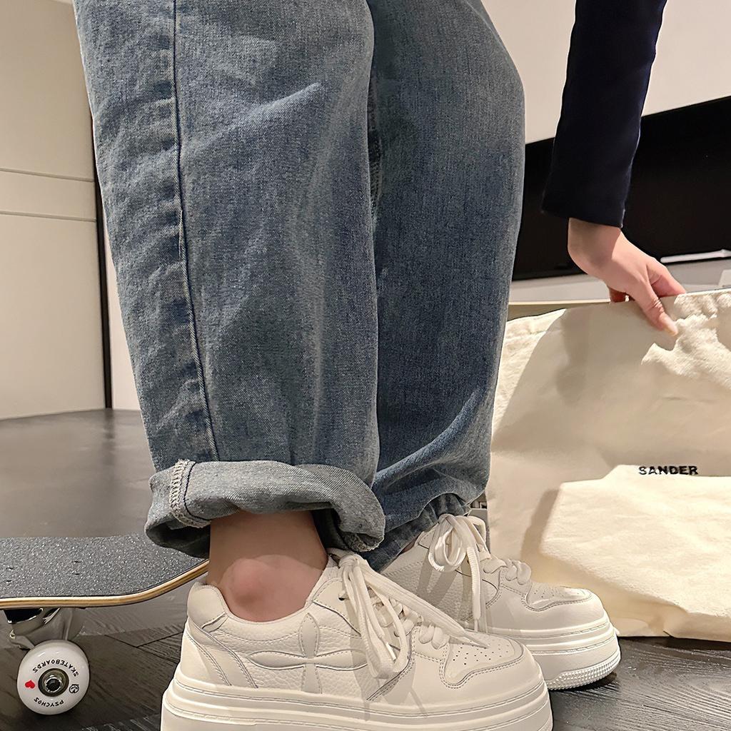 Cowhide Spring New Platform White Shoes Casual All-Match Increased Leather Sneakers Women