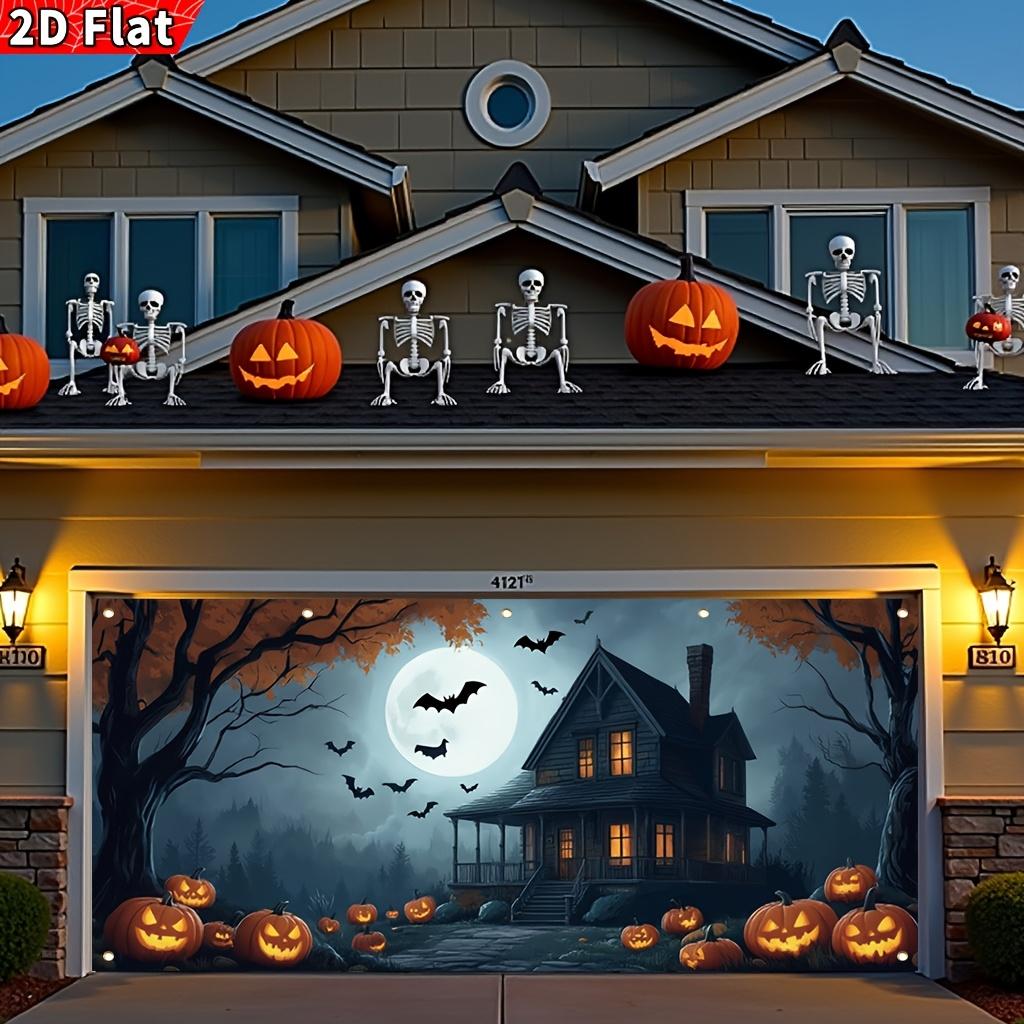 2D Plane, 1 Halloween Garage Banner - a Terrifying House with Windows and Pumpkins, Featuring a Full Moon and Bats Design