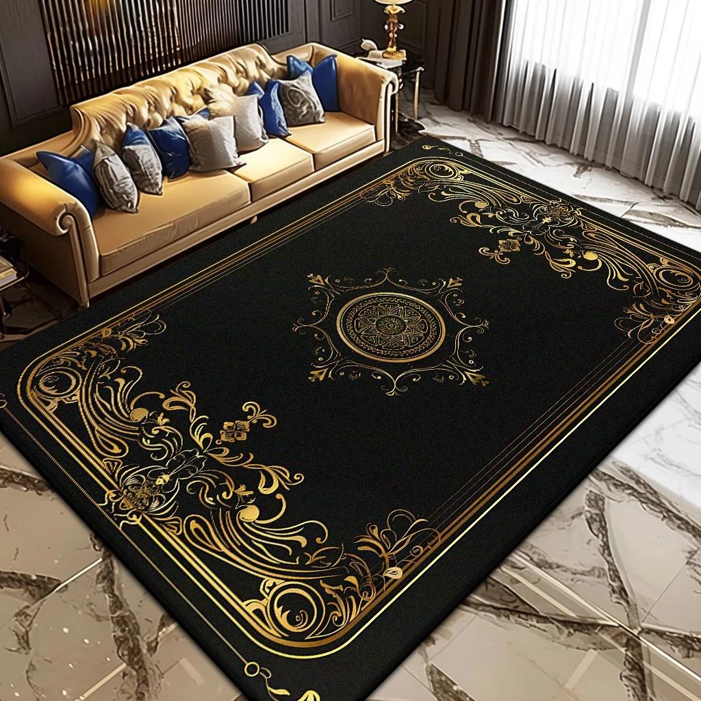 Black Gold Luxury Rug for High-Grade Living Room, Bedroom and Office Coffee Table Non-Slip Decor