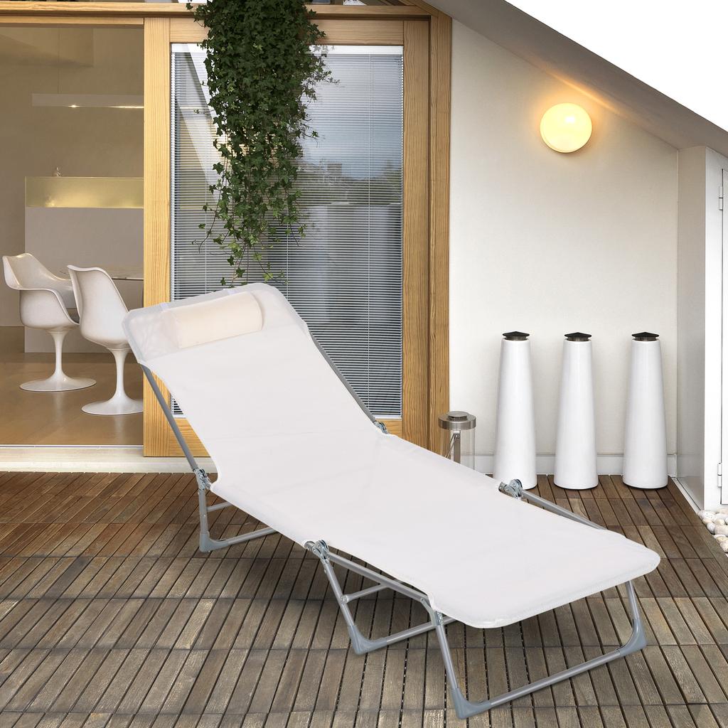Sun Lounger Reclining Folding Deck Chair with Pillow Backrest Adjustable To 5 Levels Cream