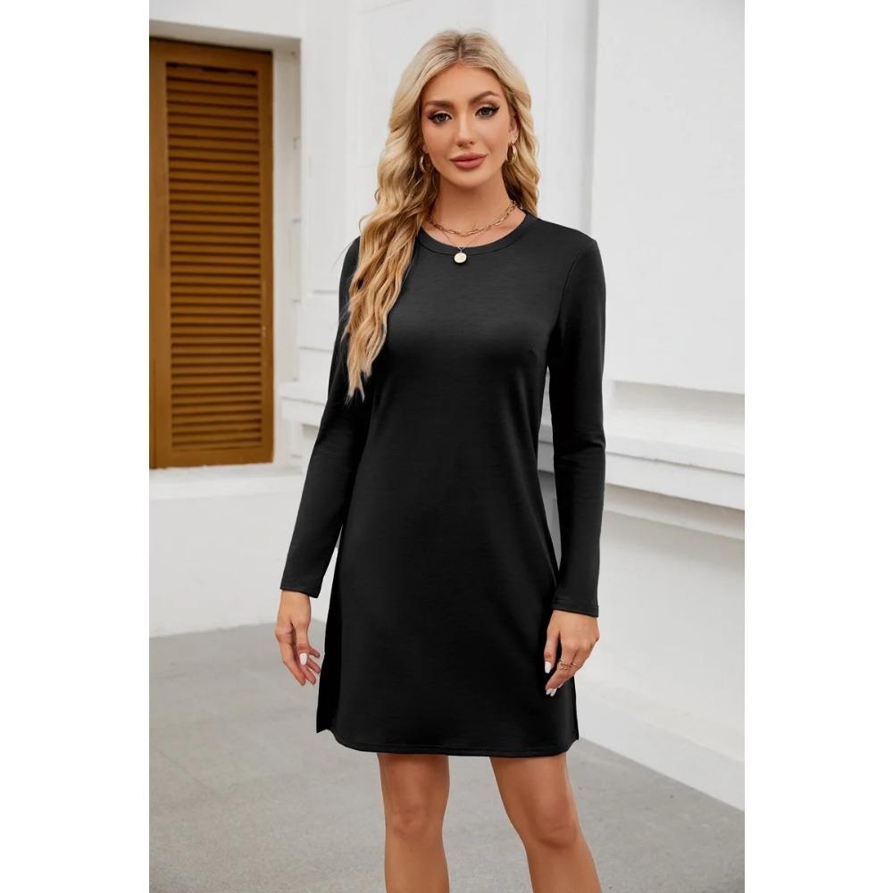 Damen Rundhalsausschnitt Saum Schlitz Sweatshirt Langarm Freizeitkleid