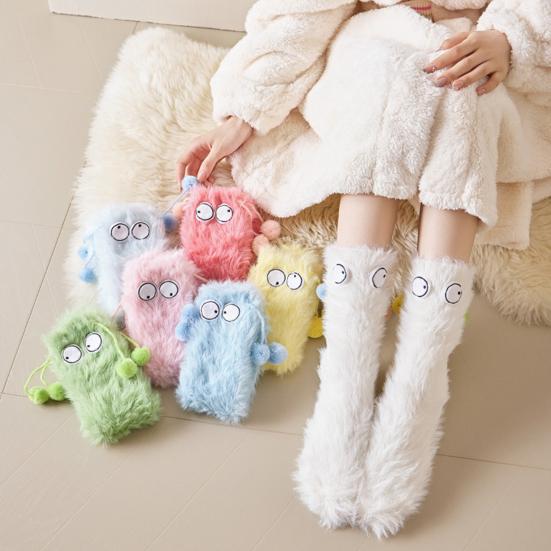 1 Paire Chaussettes Polaire Imitation Vison Femme Ultra Chaud Yeux Grands 3D Dessin Animé Chaussettes Coupe Élastique Doux Épais Confortable Chaussettes Thermiques