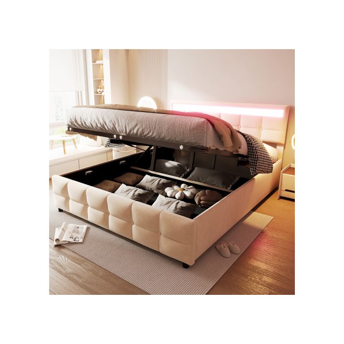 Lit rembourré - MUVOE - 180x200 - Velours hollandais beige - LED intégrée - Rangement hydraulique