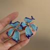 Silver Needle Butterfly Heart Earrings with Blue Gradient Drip - Elegant Autumn/Winter Studs