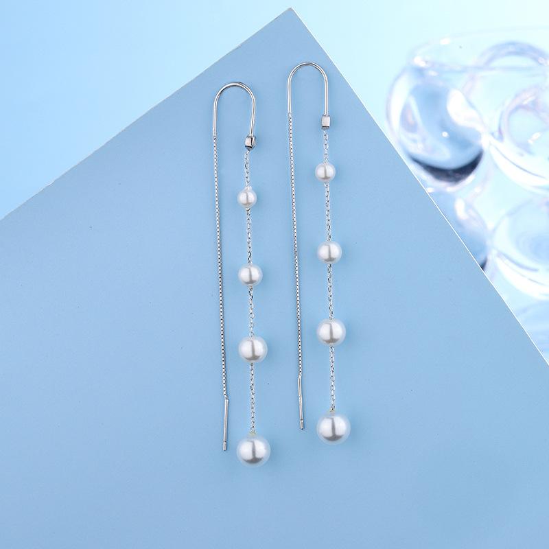 S925 Sterling Silver Korean-Japanese Style Pearl Tassel Ear Threads