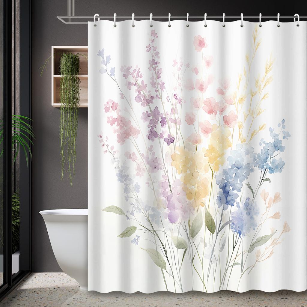 1Pc Spring Floral Shower Curtain - Water-Resistant Polyester, Machine Washable, Artistic Theme, 12 Hooks, Grommet Top
