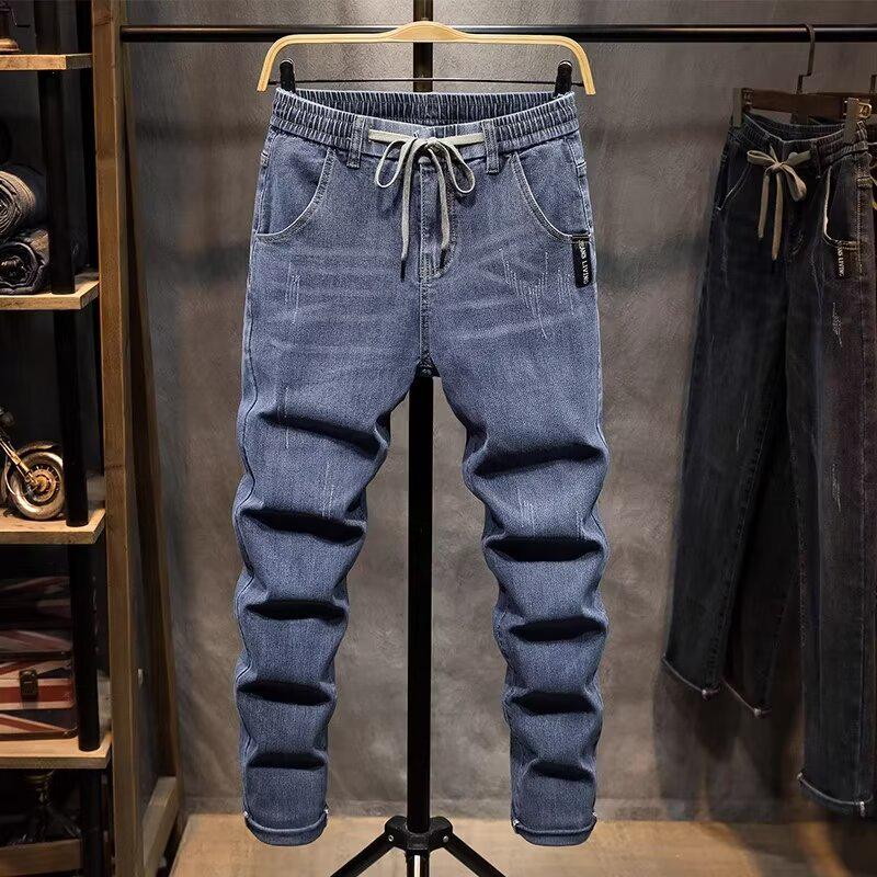 2024 Men's Stylish Elastic Waist Jeans: Spring & Autumn Straight Fit, Drawstring, Slim, Long & Lightweight for Summer.
