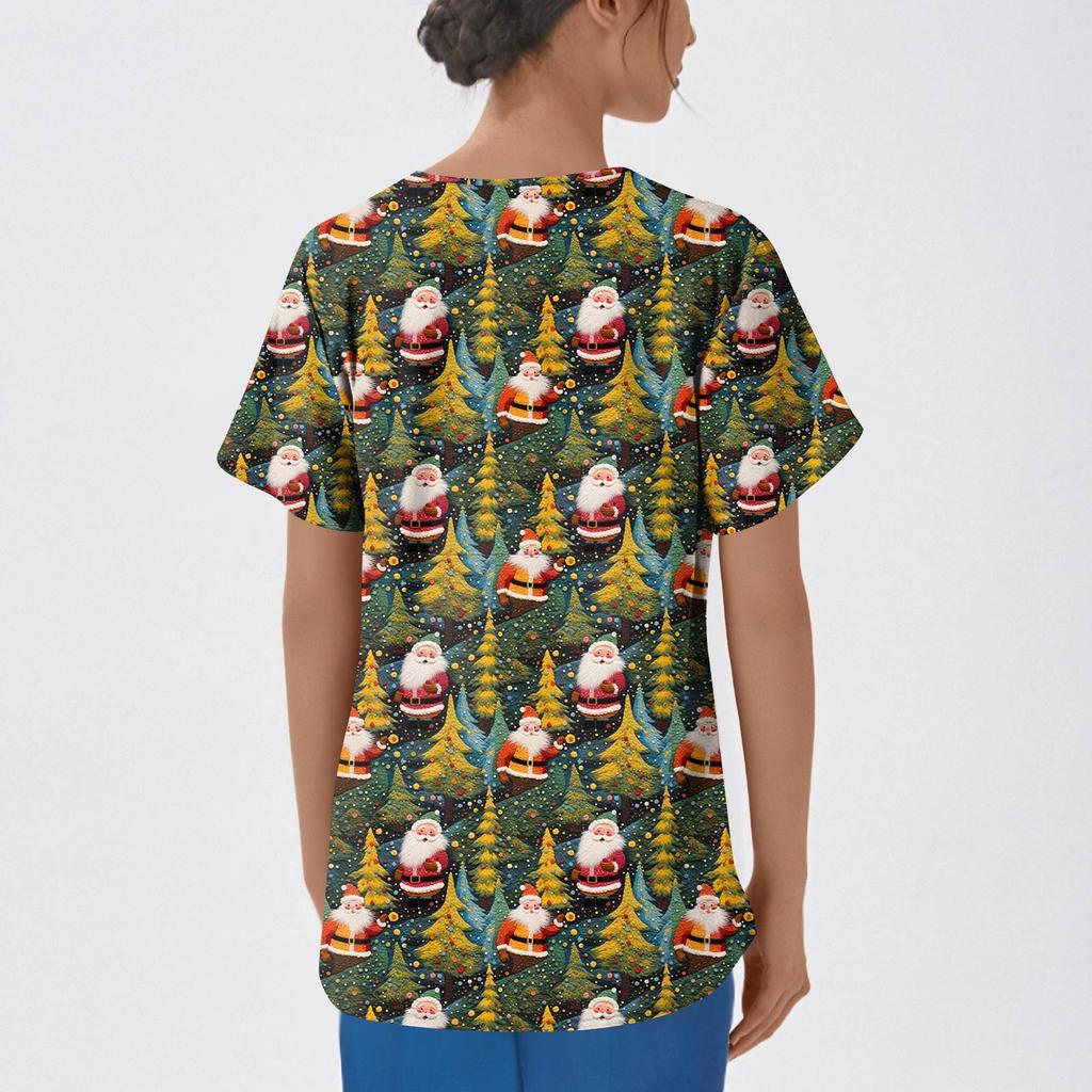 Women's Fashion Printed Short Sleeve V Neck Pattern Tops Pocket Working T-shirts