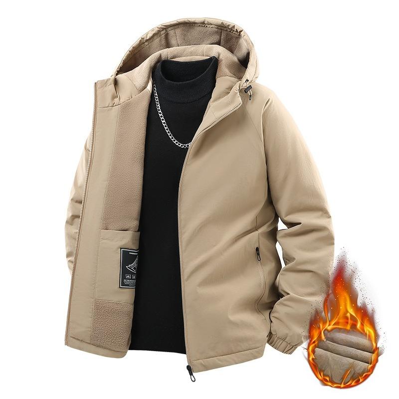 Fleece Thickened Jacket Men's Spring and Autumn and Winter Solid Color Hooded Top Long Sleeve Loose Casual Short Outdoor Clip