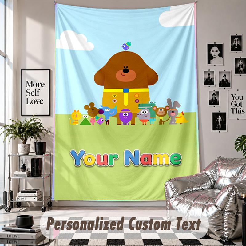 Wall Hanging Tapestry With Custom Name & Text, Hey Duggee Decorative Tapestry For Bedroom