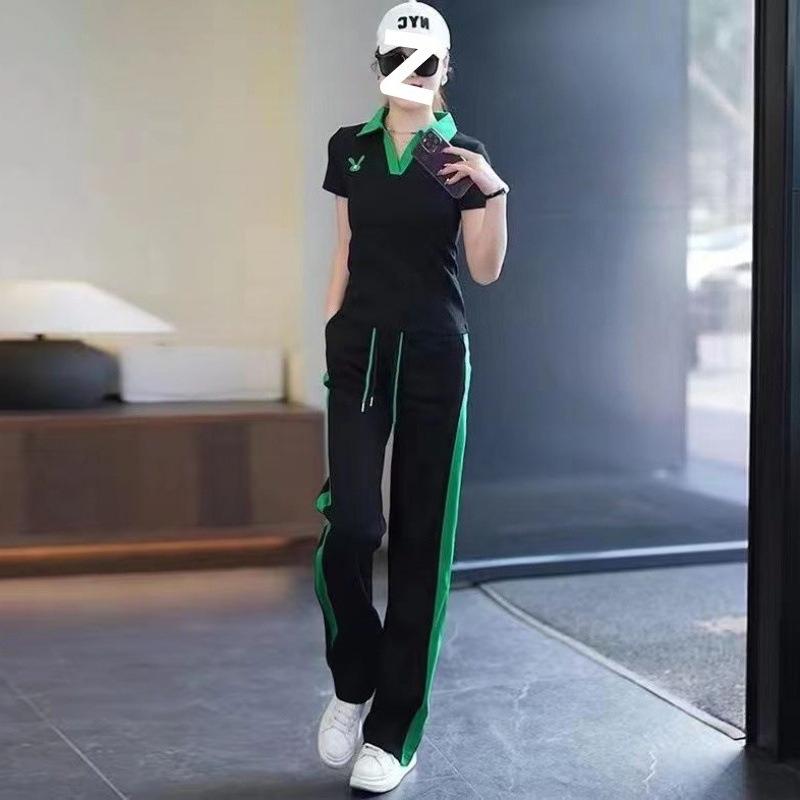 Casual Sports Suit for Women, Summer Temperament, Fashionable Style, Age-reducing Short-sleeved Wide-leg Pants Two-piece Set