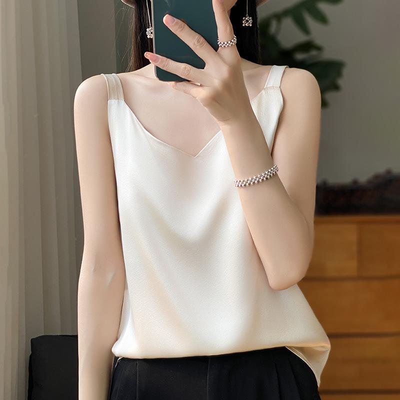 VEZFAA Women's Fashion Casual Solid Color Print Summer Spring Sleeveless V-Neck Blouses & Shirts