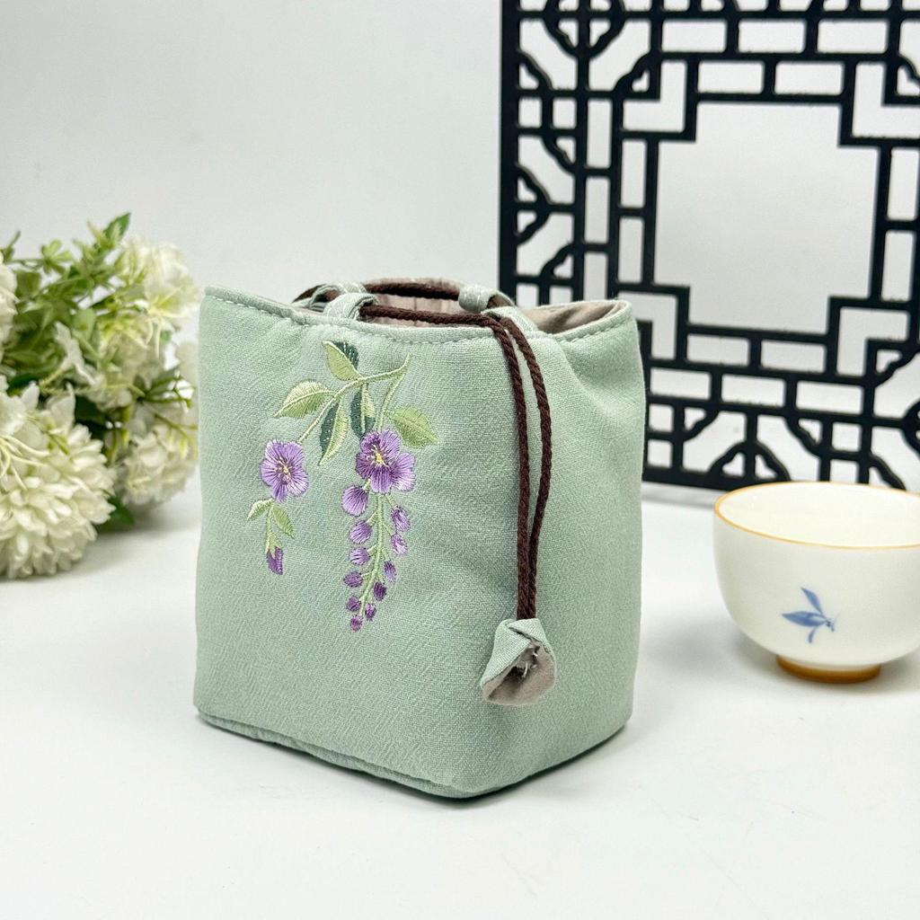 Zen Embroidered Tea Ceremony Travel Bag - Cotton Linen Storage for Teapot, Cups & Accessories