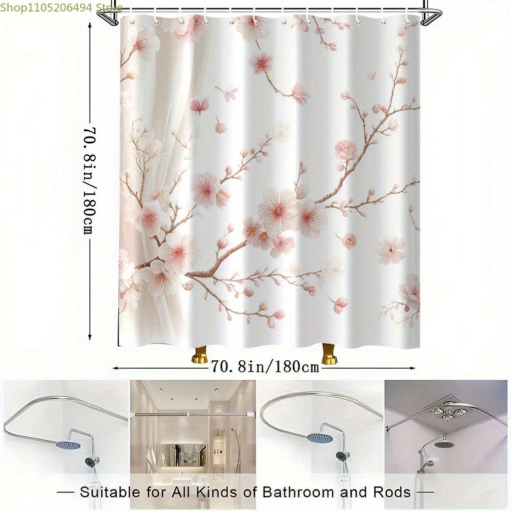 2D Printed Shower Curtain Featuring a Beautiful Pink Cherry Blossom Design, Includes 12 Hooks, Made of Printed Polyester, Mach