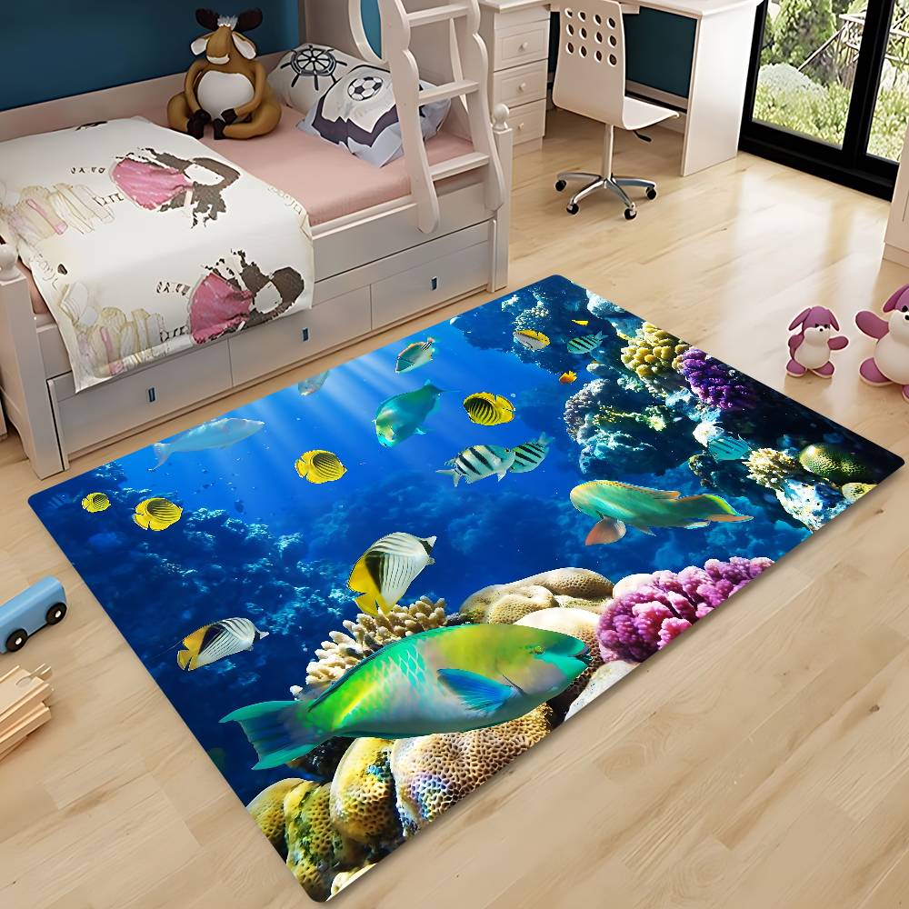 3D Ocean W-World Fish Floor Mat Bathroom Mat Kids Room Bedroom Decoration Balcony Anti-Slip Doormat Living Room Welcome Rug