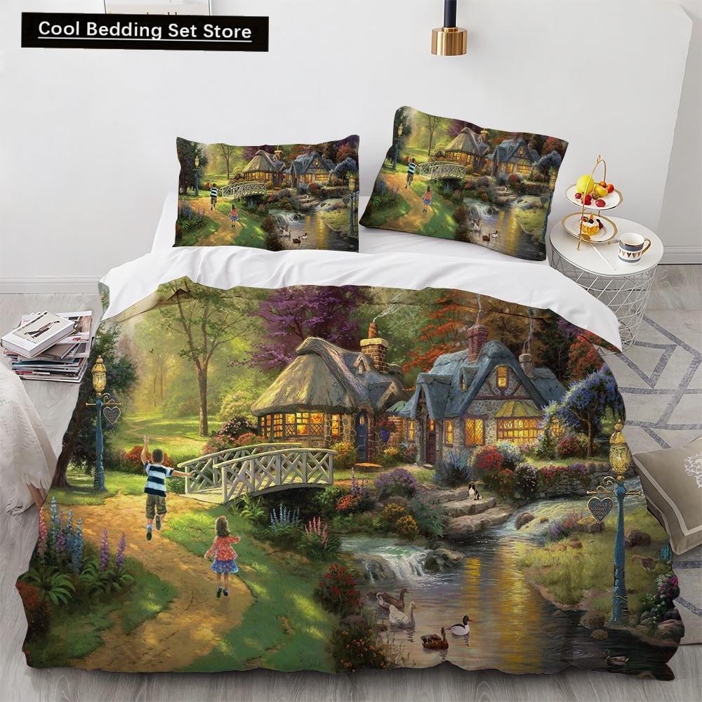 Oil Painting King Queen Duvet Cover Vintage Building Landscape Bedding Set for Adults Retro Art 2/3pcs polyester Quilt Cover