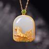 Classic Ancient gold craft inlaid natural Hotan jade steed necklaces zodiac horses square pendant clavicle chain wedding