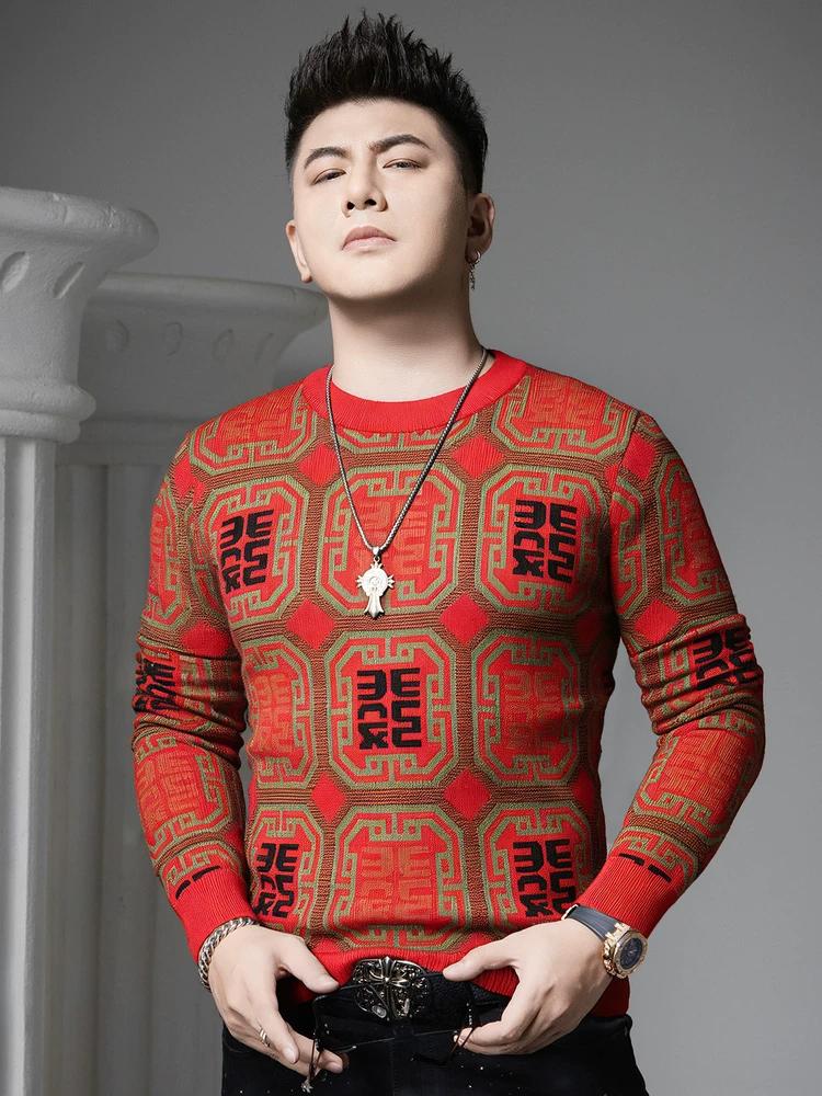 

Красный свитер с круглым вырезом в европейском стиле на Новый год для мужчин, высококачественный трикотаж на осень и зиму, базовая облегающая модель для мужчин 3XL