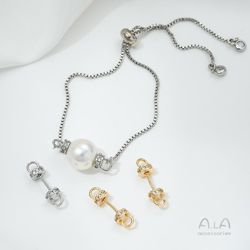 14K Gold-Inlaid Zircon Bracelet & Necklace Connector with Copper Plating and Half-Hole Eyepin for DIY Pearl Cap Accessories