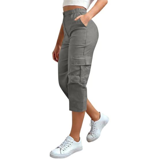 Women Cropped Pants Elastic High Waist Straight Leg Cargo Pants with Pockets Summer Casual Pants Versatile Wear