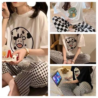 Pijama Traje de Verano Estudiante Nuevo Manga Corta Pantalón Largo Cuadros Holgado Talla Grande Dibujos Animados Coreanos Ropa de Casa Regalos de Navidad Cumpleaños