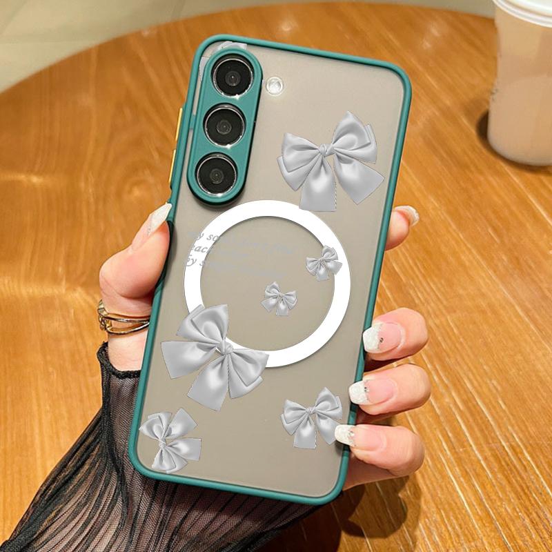 Bowknot Pattern Clear Magnetic Case For Samsung S25 S24 FE S23 Ultra S22 A56 A36 A15 A55 A35 Wireless Charge Shockproof Slim Matte Hone Cover
