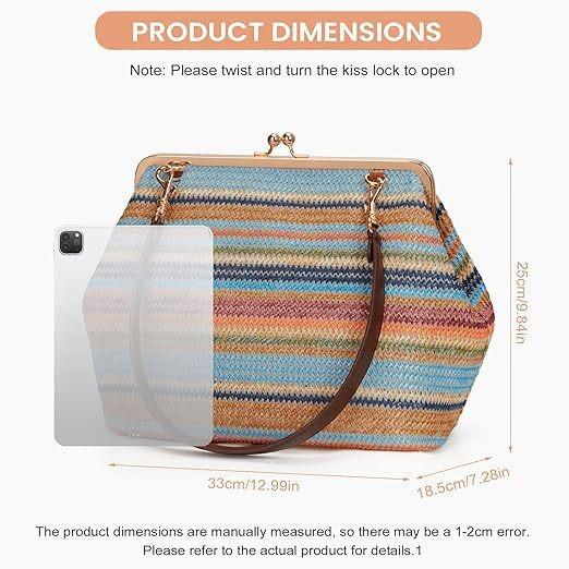 New Color Striped Kiss Lock Straw Medium Clip Bag Woven Tote Bag Women'S Casual Summer Beach Bag