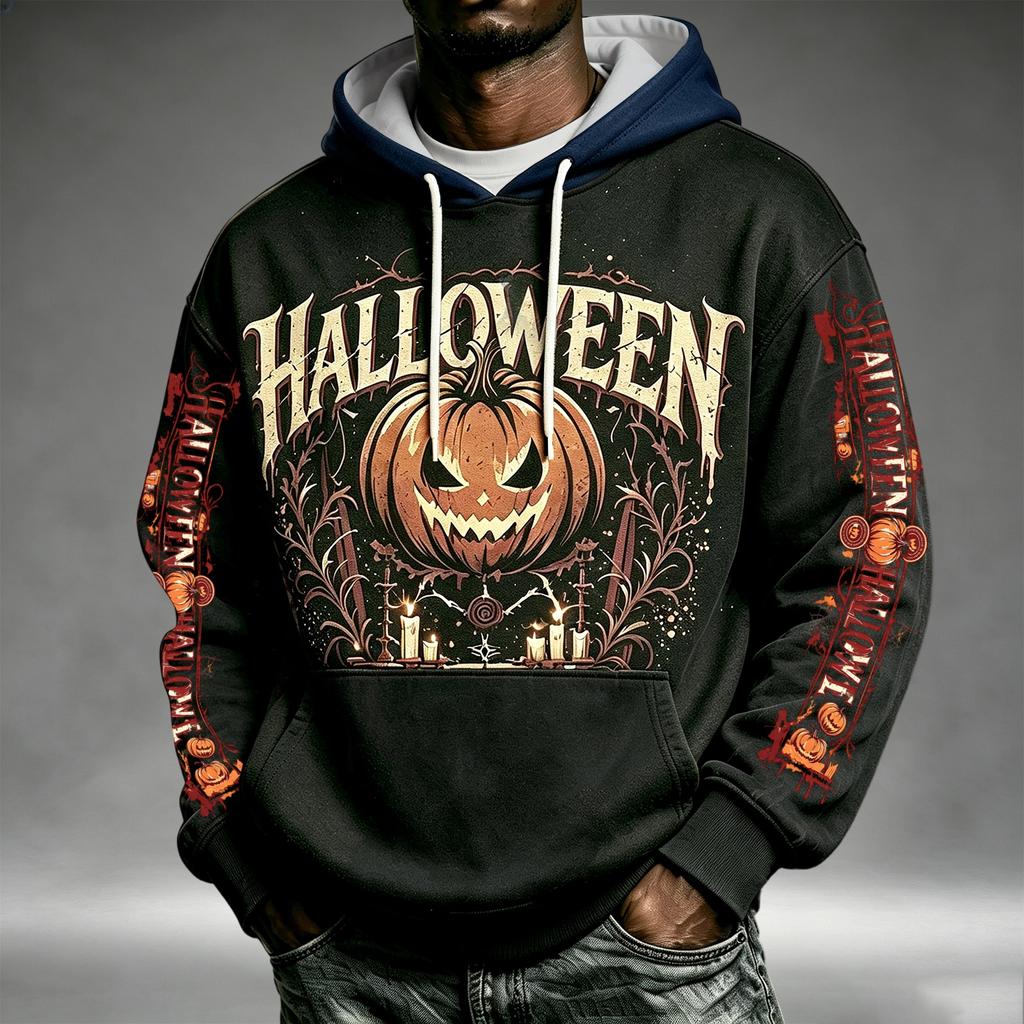 Men's Loose Fit Halloween Print Hoodie with Pocket and Drawstring for Casual Everyday Wear