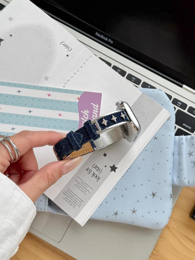 Starry Denim Leather Strap for Apple Watch 11, iWatch 109876E, Huawei GT6, and Xiaomi 9 Pro.