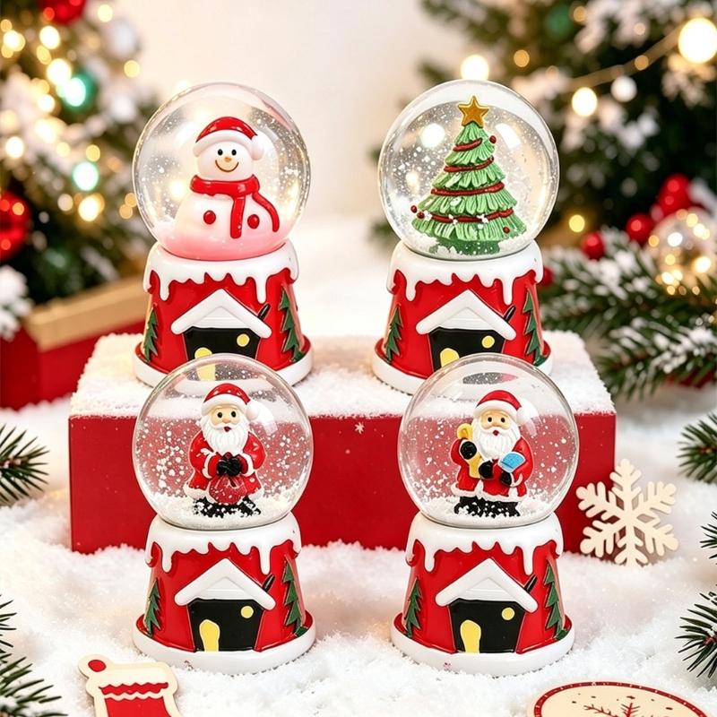 Christmas Water Globe Ornament with LED Light and Falling Snow Effect, Mini Holiday Display Accent in Glass Globe, Movable Shelf Accent, Random Style
