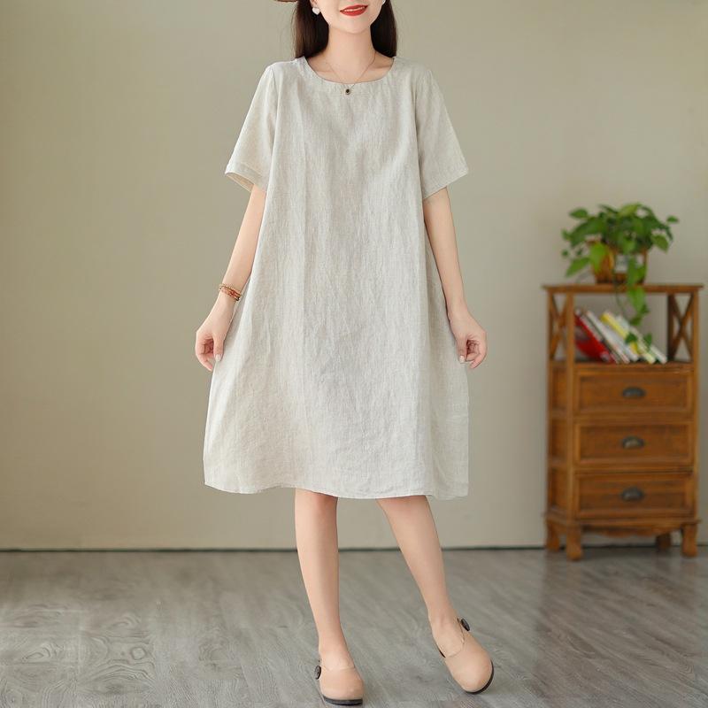 Women's Summer Lightweight Cotton Linen Dress, Japanese Minimalist Solid Color Round Neck Short Sleeve Loose Casual Midi Dress