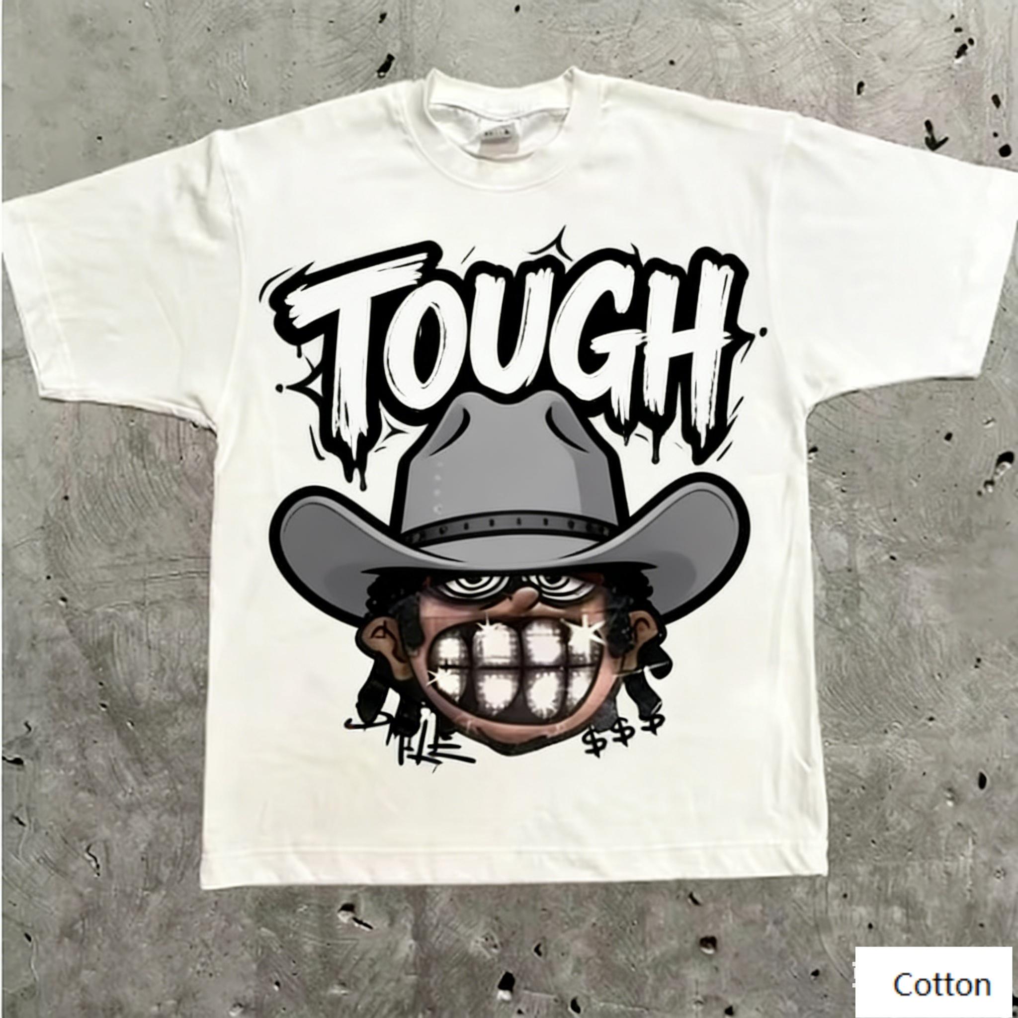 

Streetwear Unisex Cotton TShirt Featuring Edgy Cartoon HipHop Design and TOUGH Graffiti Text HipHop Style Top M