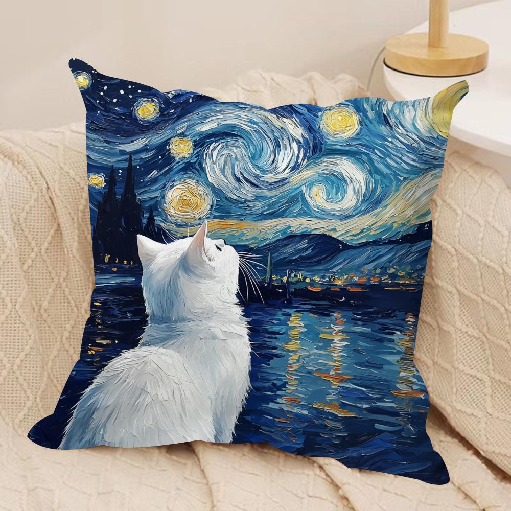 Van Gogh Starry Night Cat Cushion Cover Silky Short Plush Invisible Zipper Dustproof Sofa Pillow Case For Home Decor