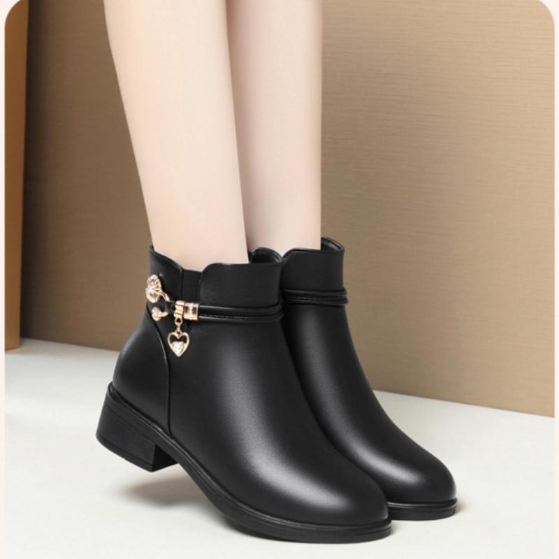 Dames PU-lær chunky hæl flate ankelstøvletter, mamastøvletter med fleecefôr, sklisikre og varme