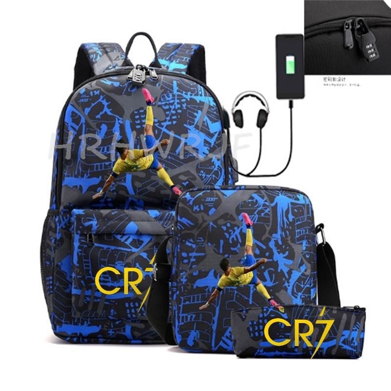 Sports Casual CR7 Backpacks 3pcs Simple Lightweight Capacity Teens Laptop School Bags Women Men Travel USB An-ti Lock Mochilas