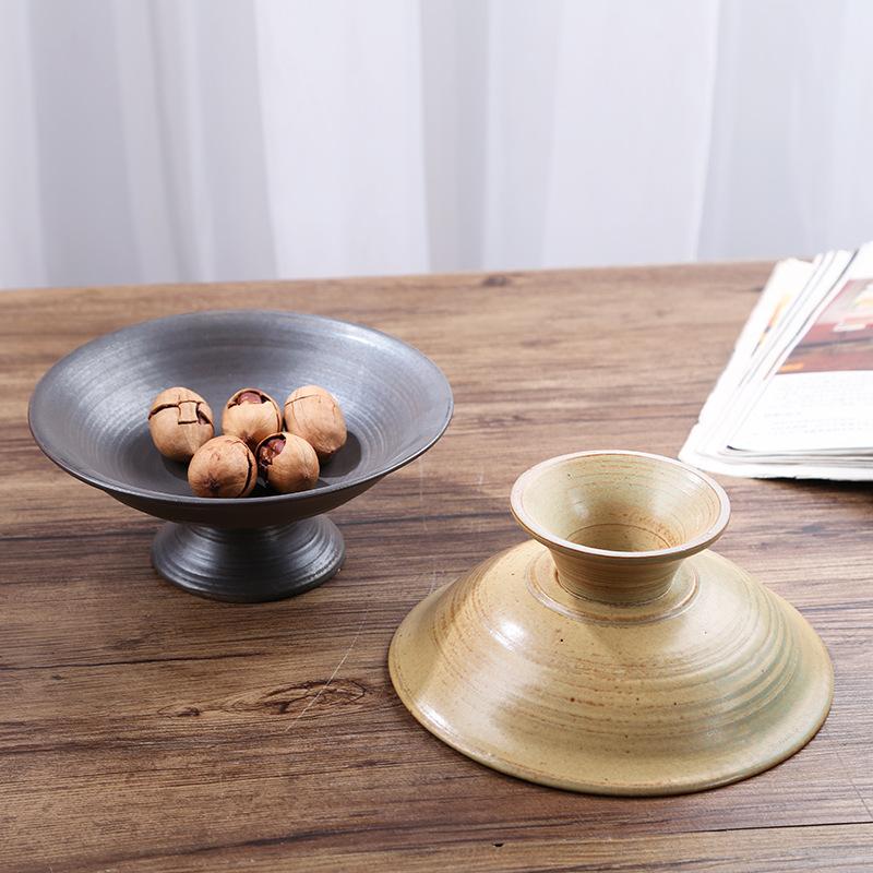 Chinese Retro Glazed Ceramic Plate High Foot Fruit Dish Japanese Zen Tea Tray for Home