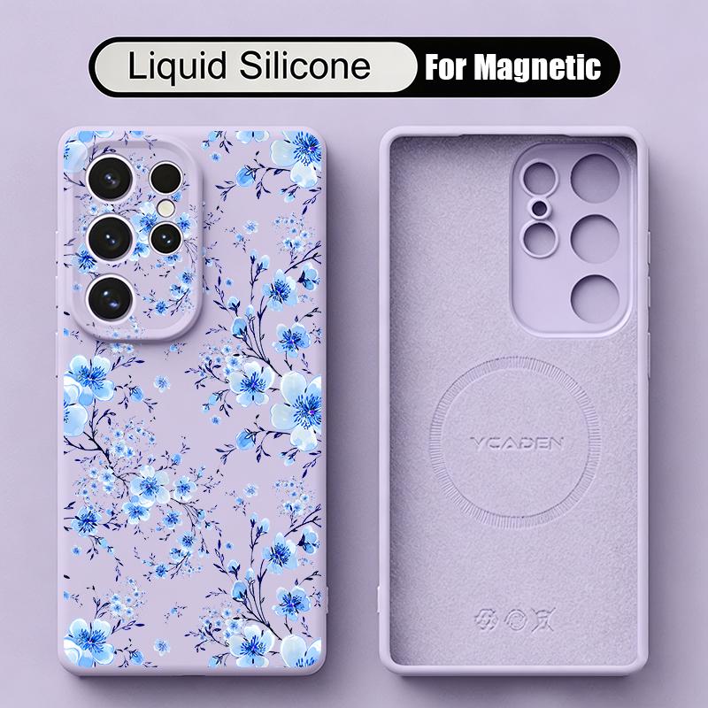 INS Floral Pattern Case For Samsung Galaxy S26 S25 Ultra S24 Plus S23 S22 Ultra Magnetic For Magsafe Liquid Silicone Cover