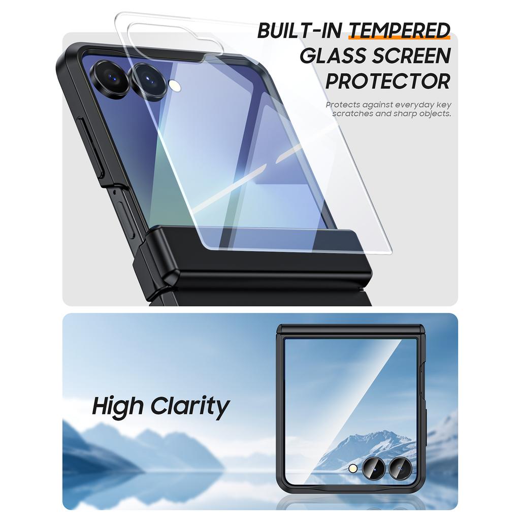 Protective Case with Hinge Protection Tempered Glass Screen Protector Slim PC Cover for Samsung Galaxy Z Flip 7-Black