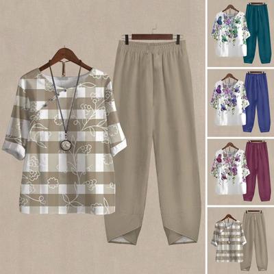 Ensemble 2 Pièces/Set pour Femmes T-shirt Pantalon Tenue d'Intérieur Imprimé Floral Col Rond