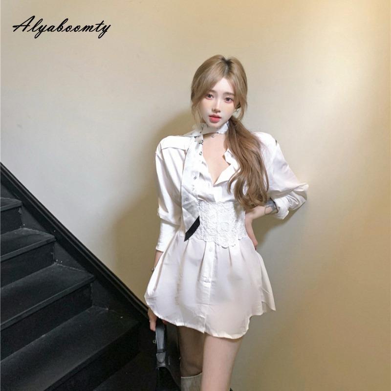 

Korean Fashion Autumn Spring Women Streetwear Midi Blouse Turn-Down Collar Oversized White Cotton Shirt+Lace Croset Stylish Cool 2 Pcs Blouse S