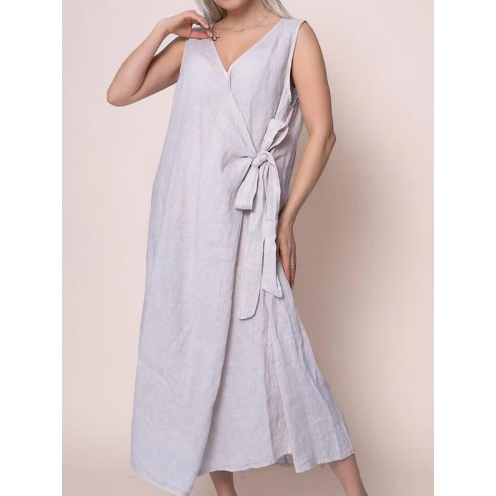 New Solid-color V-neck Side-tied Sleeveless Long Dress for Women