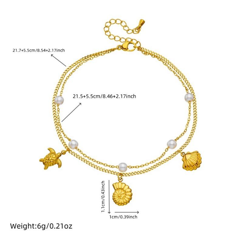 Gold Plated Stainless Steel Double Layer Heart Shell Pearl Anklet For Women